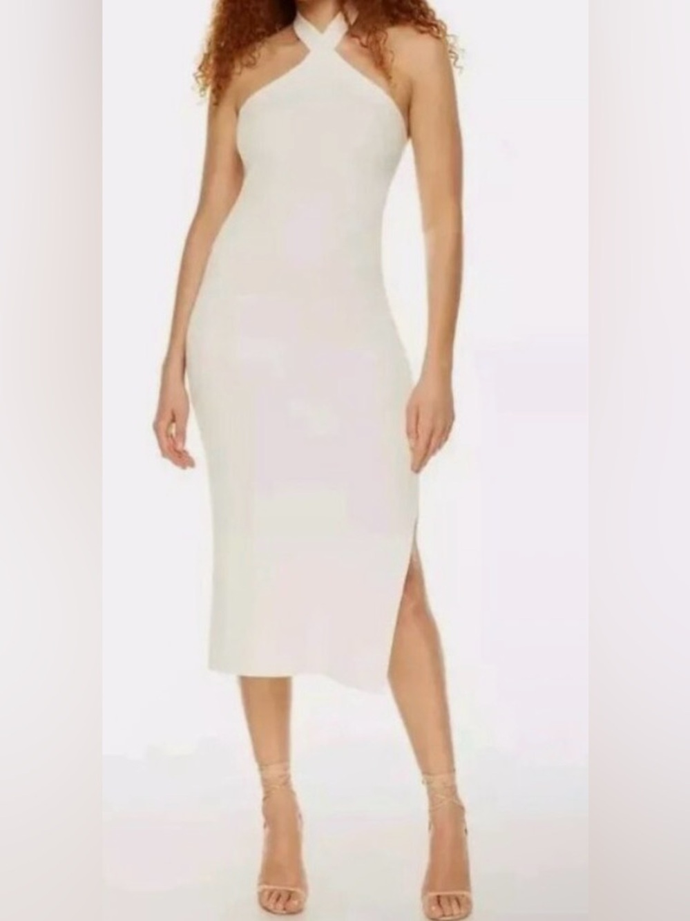 Wilfred Cayenne Sage Ribbed-knit StretchHalter Midi Bodycon Dress with Side Slit